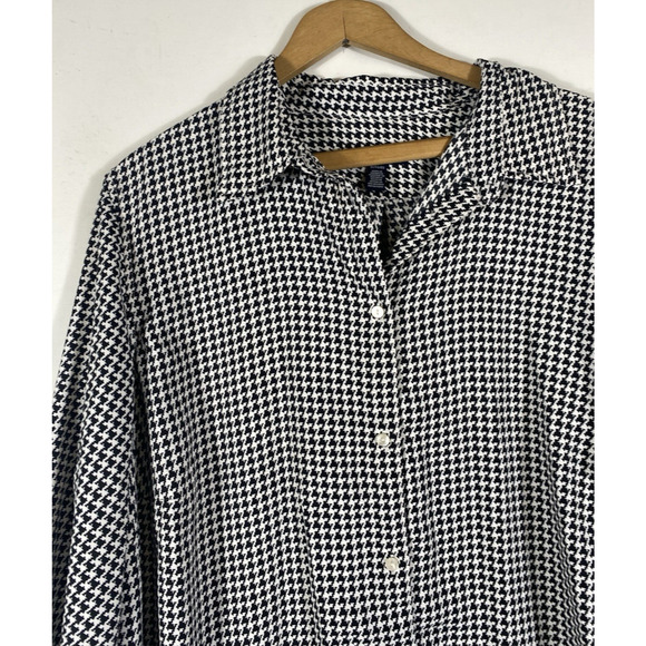 Chaps Ralph Lauren Top Size 1X Houndstooth Blouse Button Up Satin-y Old Money - Picture 4 of 11